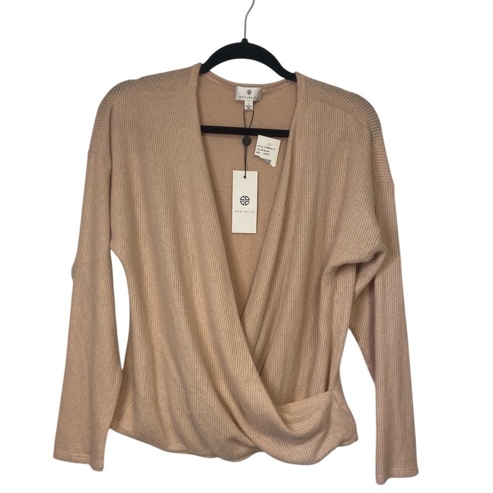 NWT Socialite Sweater Criss Cross Deep V-neck Front Ladies Sz L Soft Ribbed